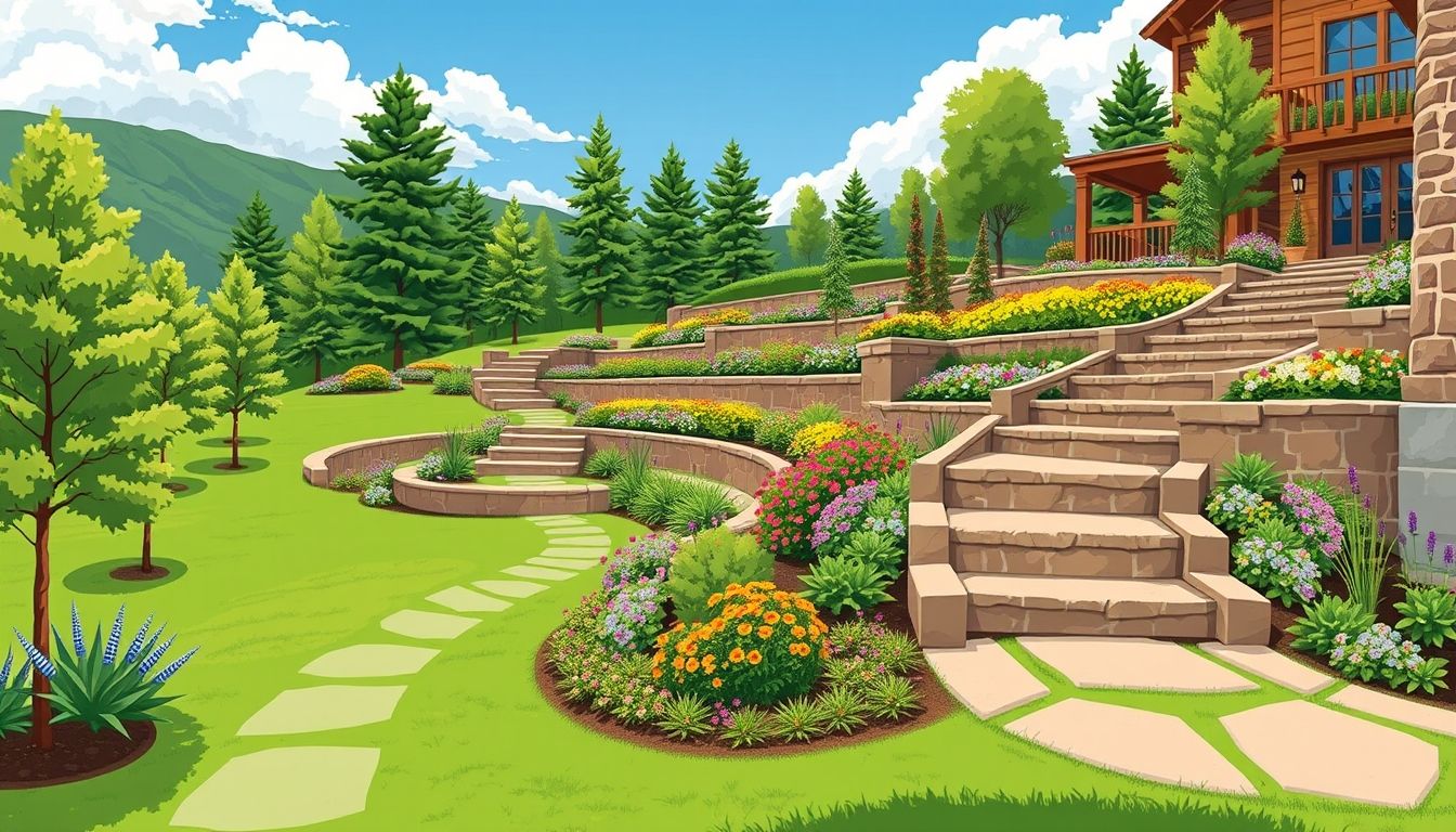 Tiered walkways and stairs with greenery and flowers.