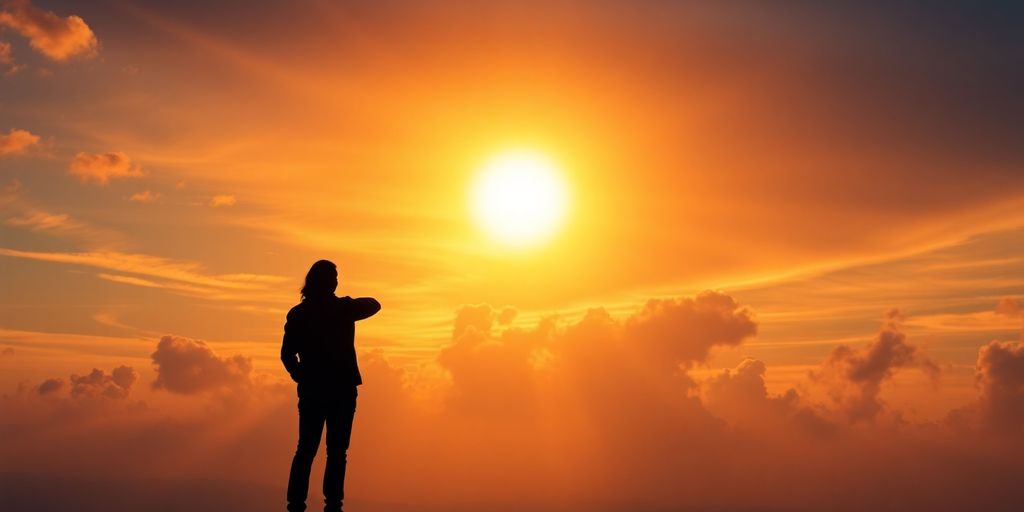 Silhouette of a person against a vibrant sunset sky.