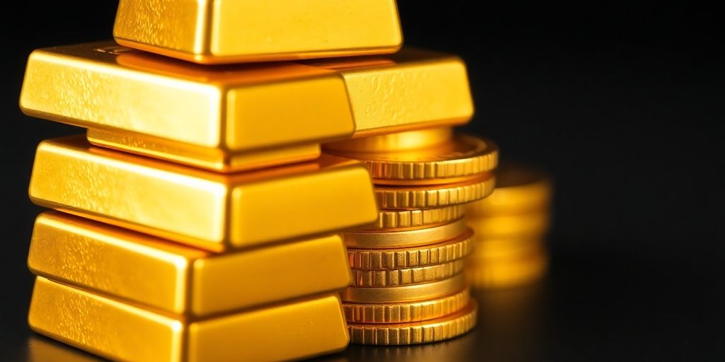 Des barres et pièces d'or brillantes empilées.