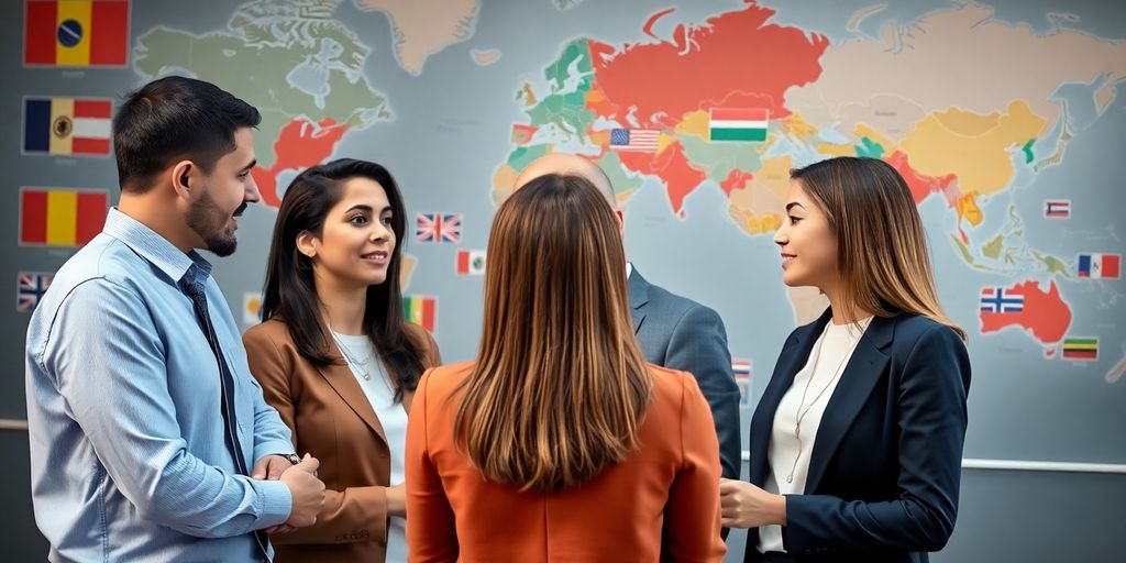 Diverse professionals collaborating in a global communication setting.