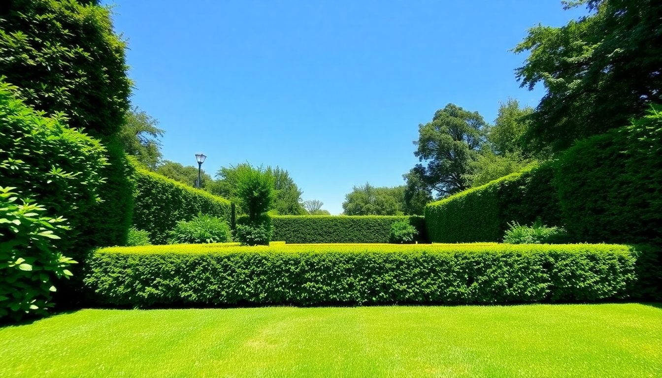 Neatly trimmed hedges in a vibrant garden setting.