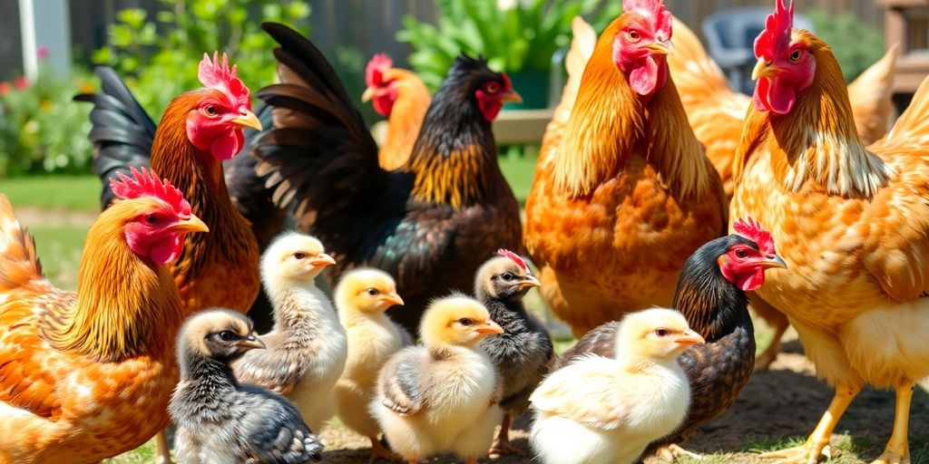 Chicks mingling with adult chickens in a sunny yard.