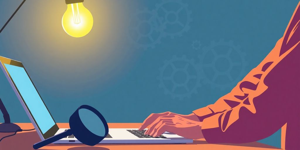 Laptop, magnifying glass, gears, lightbulb.