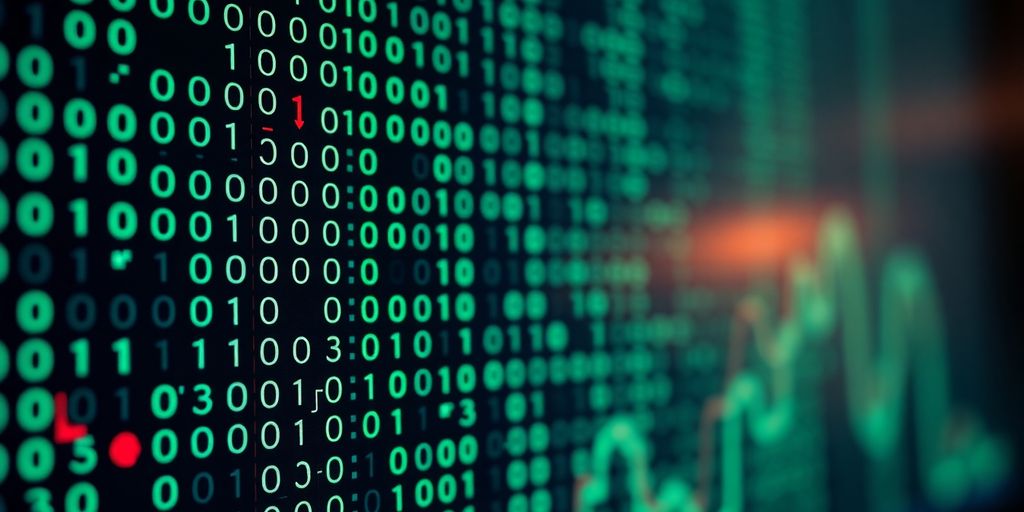 Binary code on screen, financial market data.