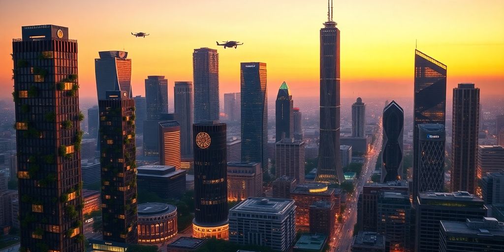 Futuristic Los Angeles skyline at dusk.