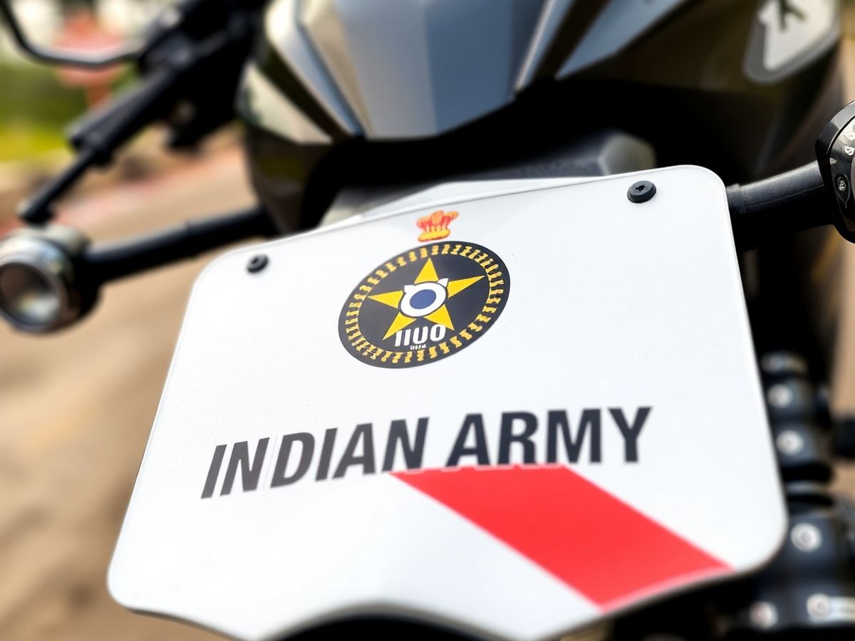 Motorcycle number plate with Indian Army logo displayed.