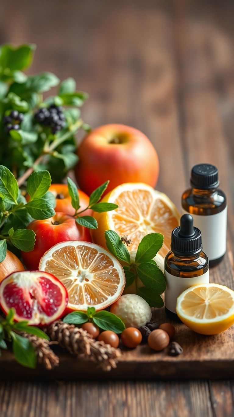Natural ingredients for skincare: herbs, fruits, and oils.