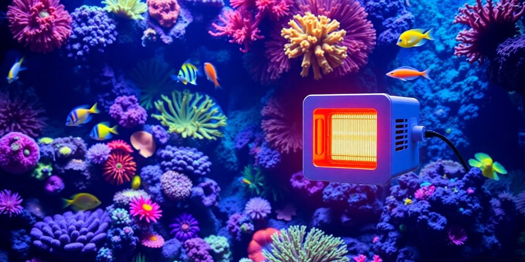 色彩斑斓的珊瑚礁水族箱，里面有可见的加热器和鱼。