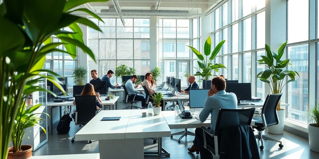 Modern office interior with diverse employees collaborating.
