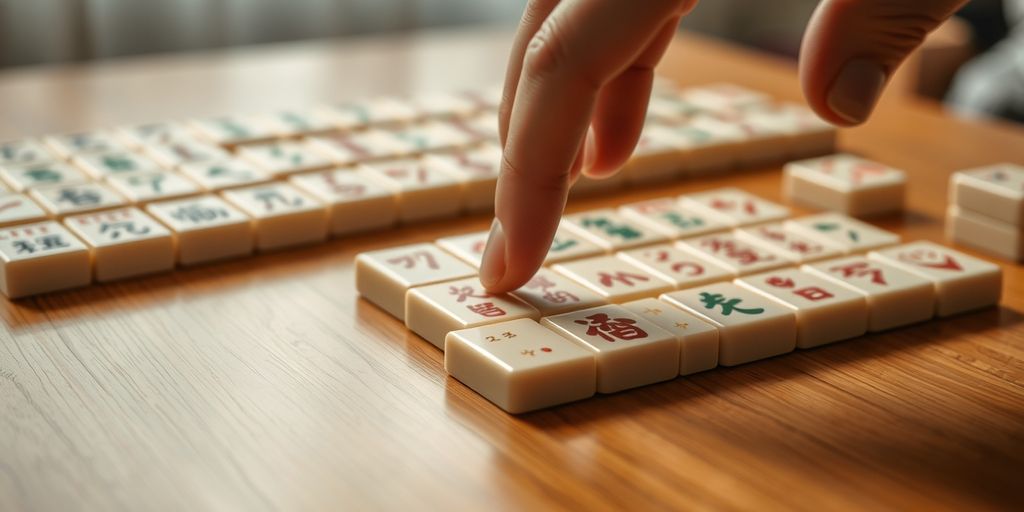 Hand reaching for Mahjong tile on wooden table.