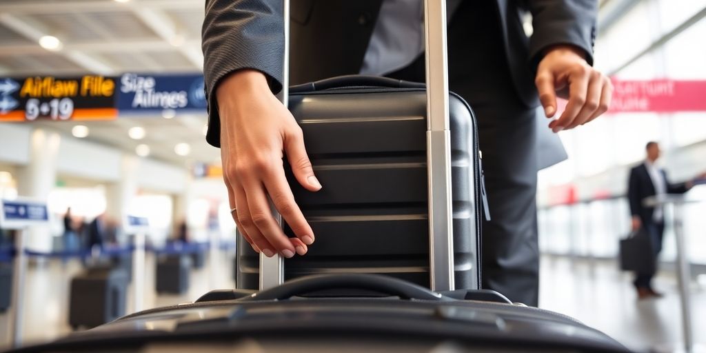 A traveler places a carry-on suitcase into a luggage sizer.