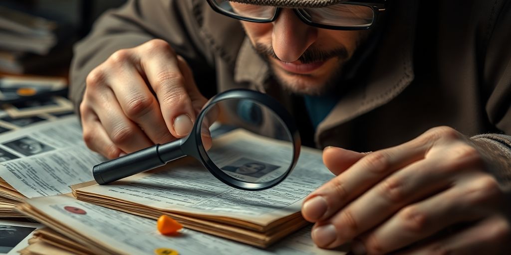 Detective inspecting old case files with modern tools.