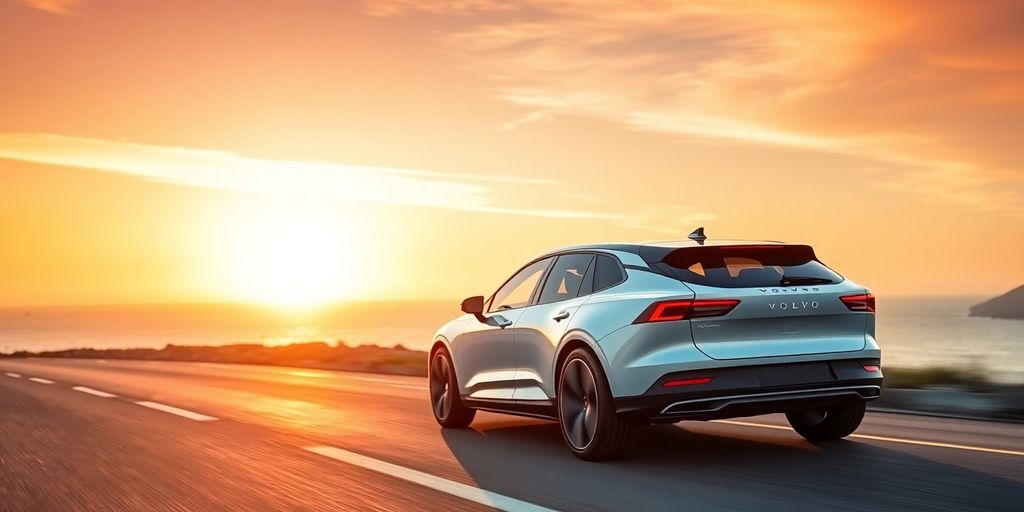 Volvo elektrikli otomobil gün batımında sahil yolunda