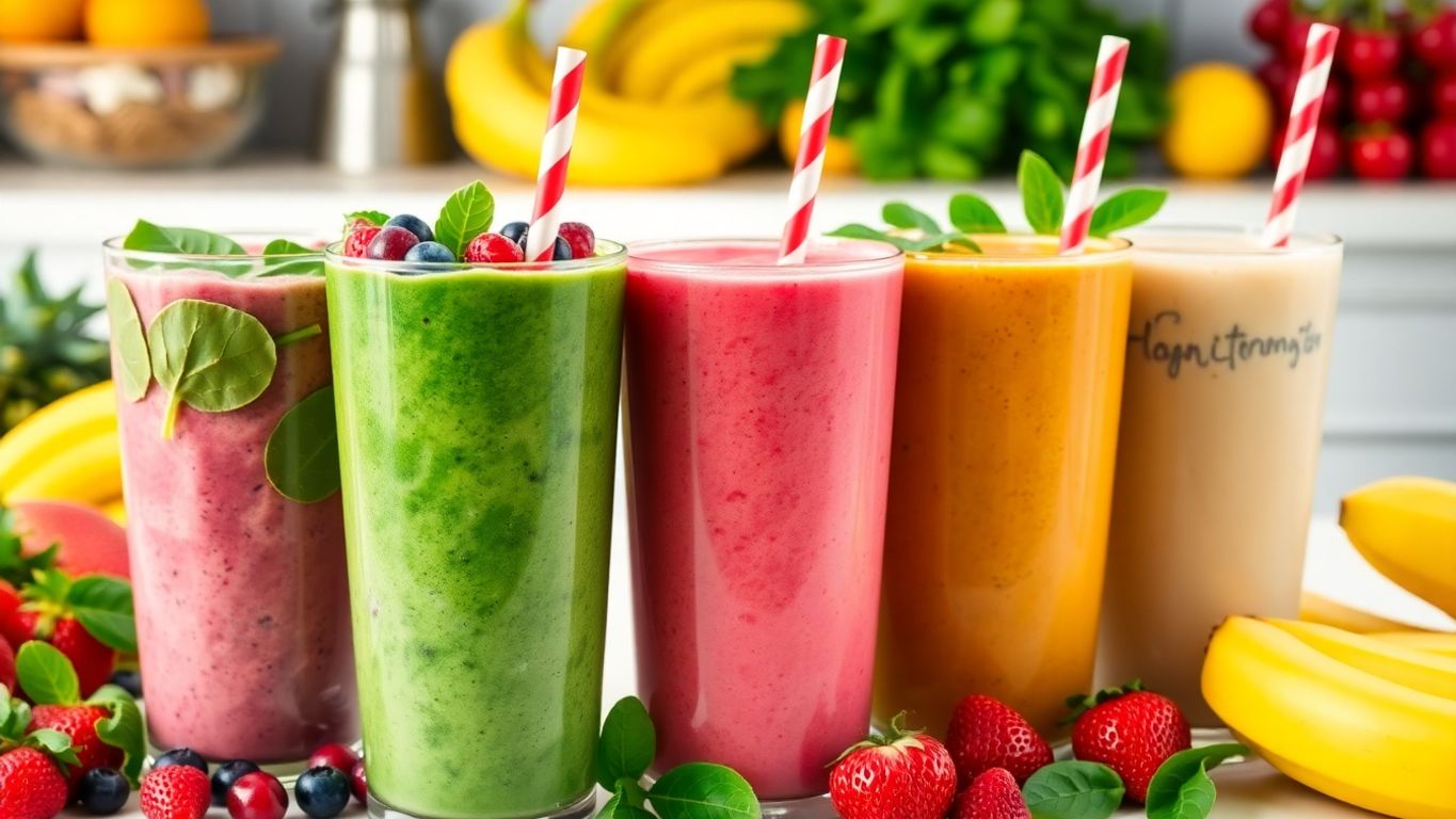Colorful heart-healthy smoothies in a kitchen setting.
