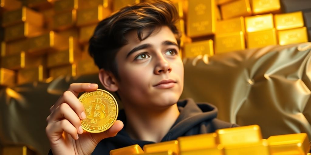 Jeune tenant une pièce d'or, regard sérieux.