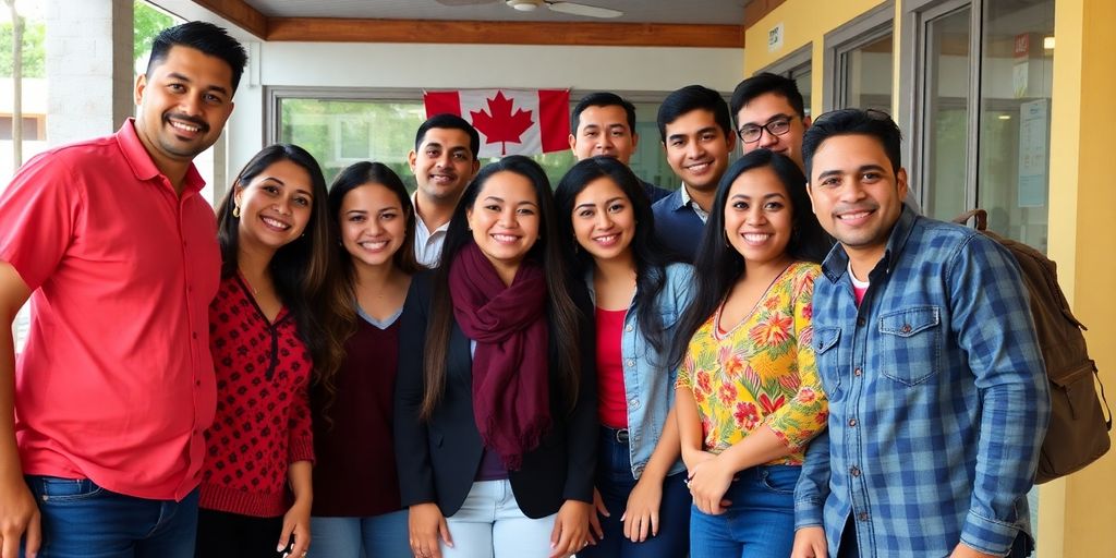Familia hispana sonriendo en un entorno canadiense.