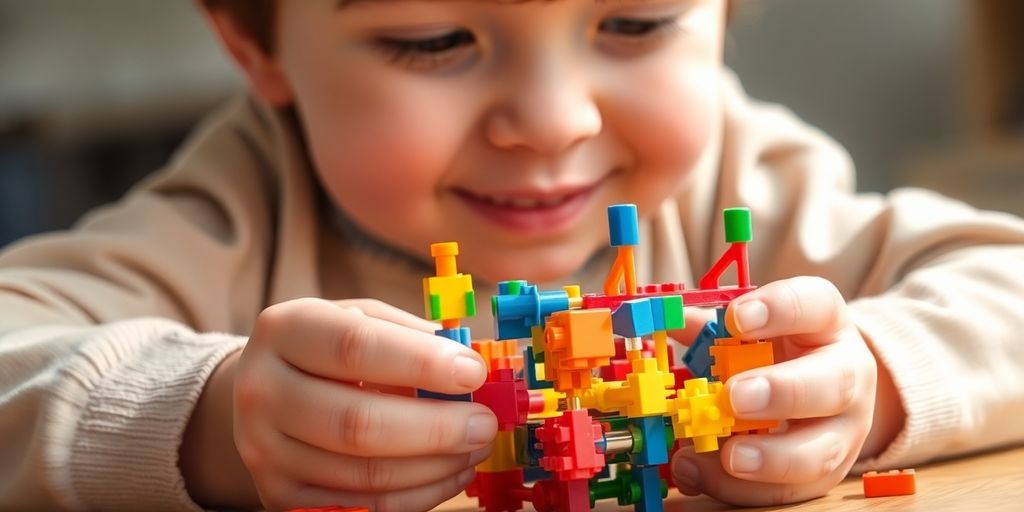 Child inventing with colorful blocks.