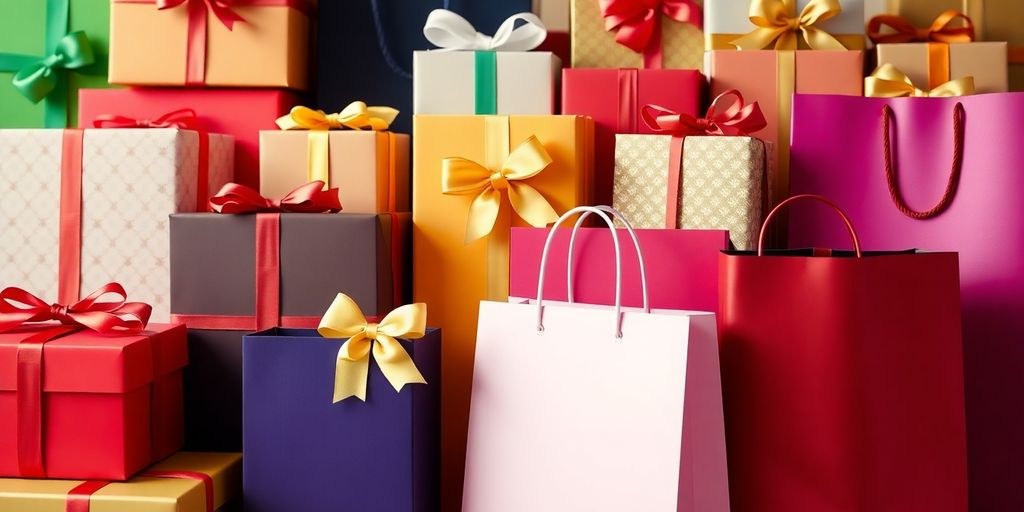 Colorful gift boxes and shopping bags.