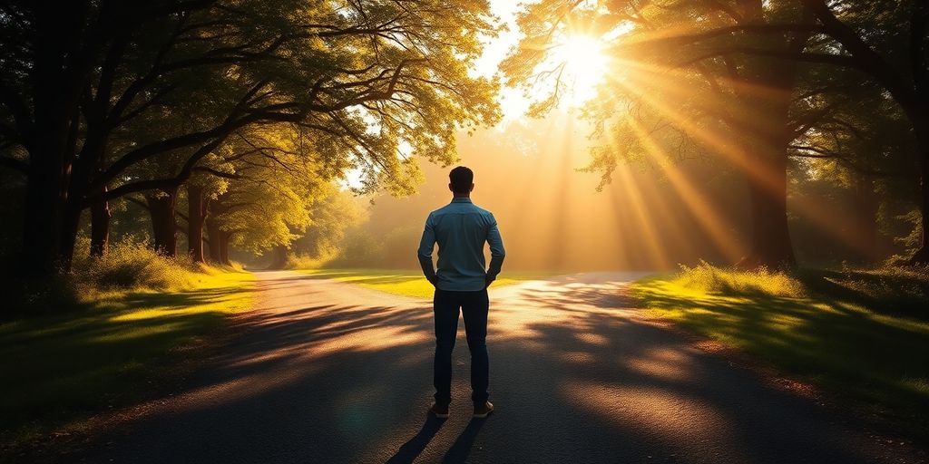 Person calmly looking at a winding path.