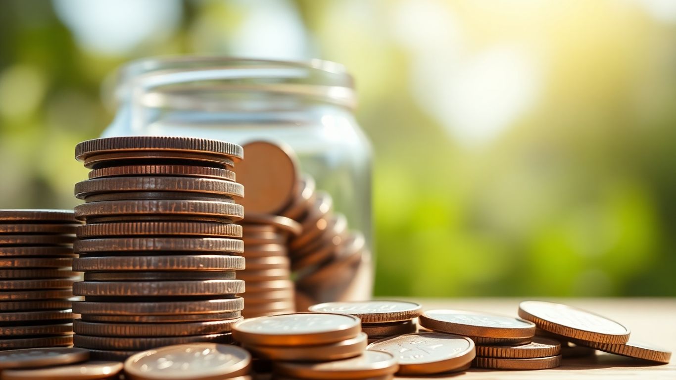 Stacked coins and jar with coins in sunlight