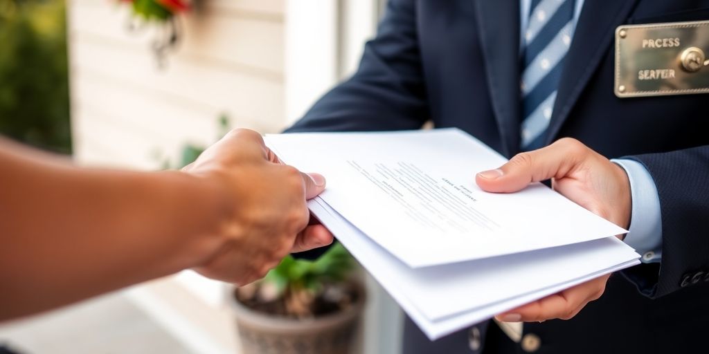 Process server delivering legal documents at a doorstep.
