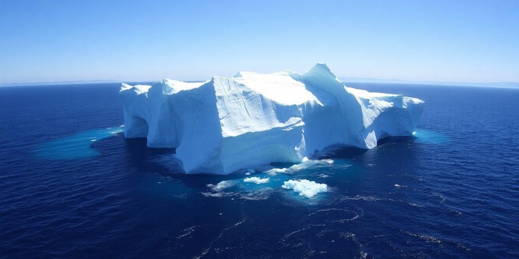 Iceberg melting into ocean, sunny.
