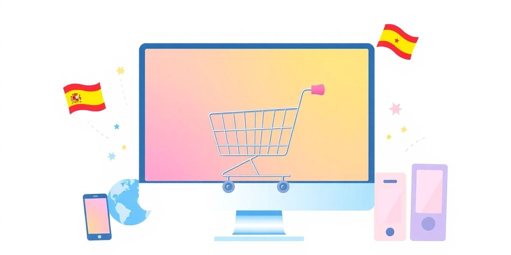 Illustration of a computer and an online shopping cart.