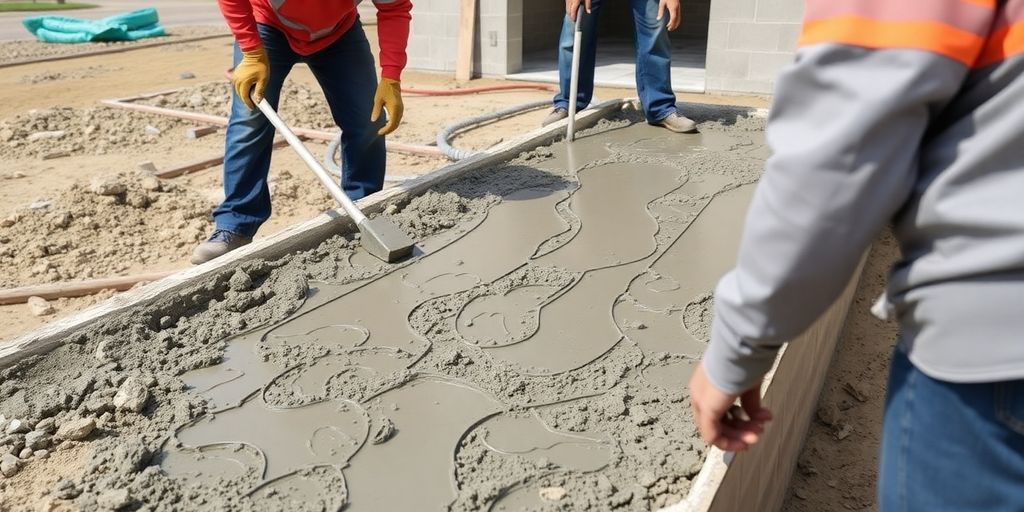 Construction workers pouring concrete at a Grand Prairie site.