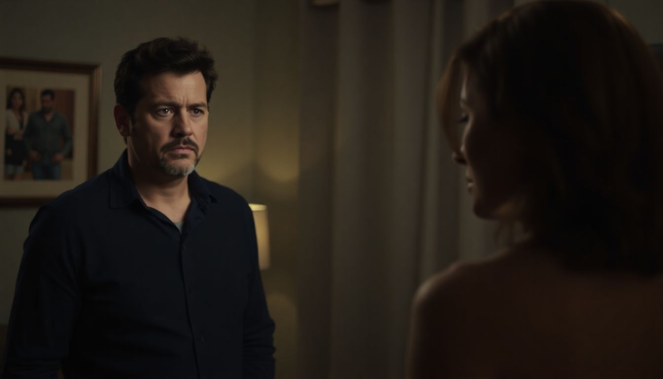 Husband watches cheating spouse with a look of betrayal.