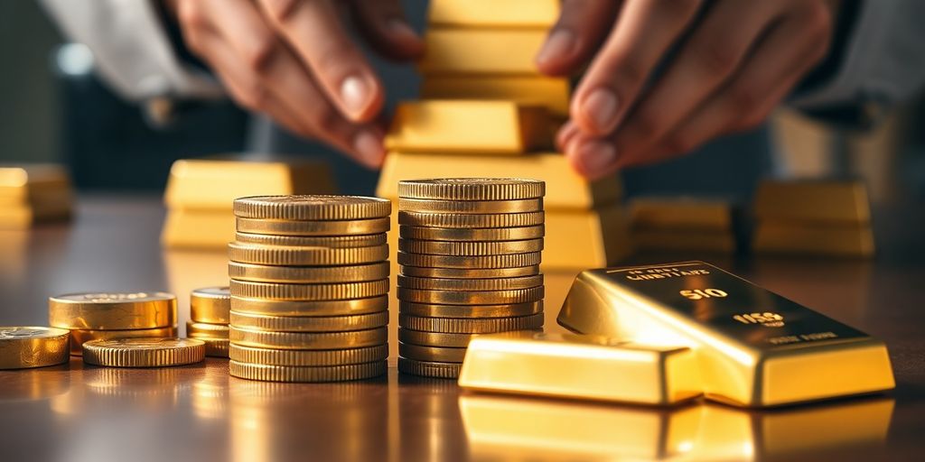 Pièces d'or empilées, lingots brillants, mains manipulant.