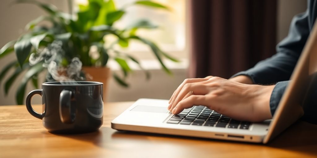 Person typing on laptop, coffee, plants.