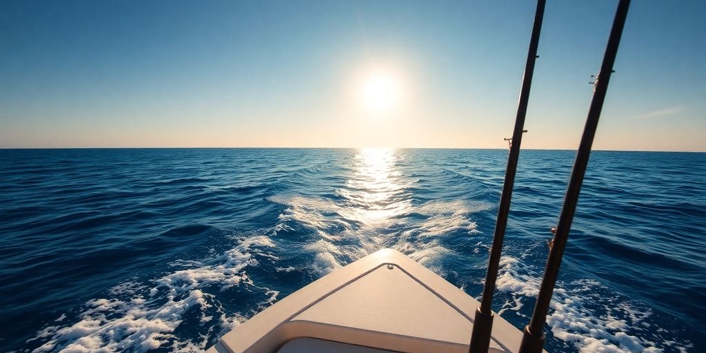 Fishing boat on blue ocean with sunrise.