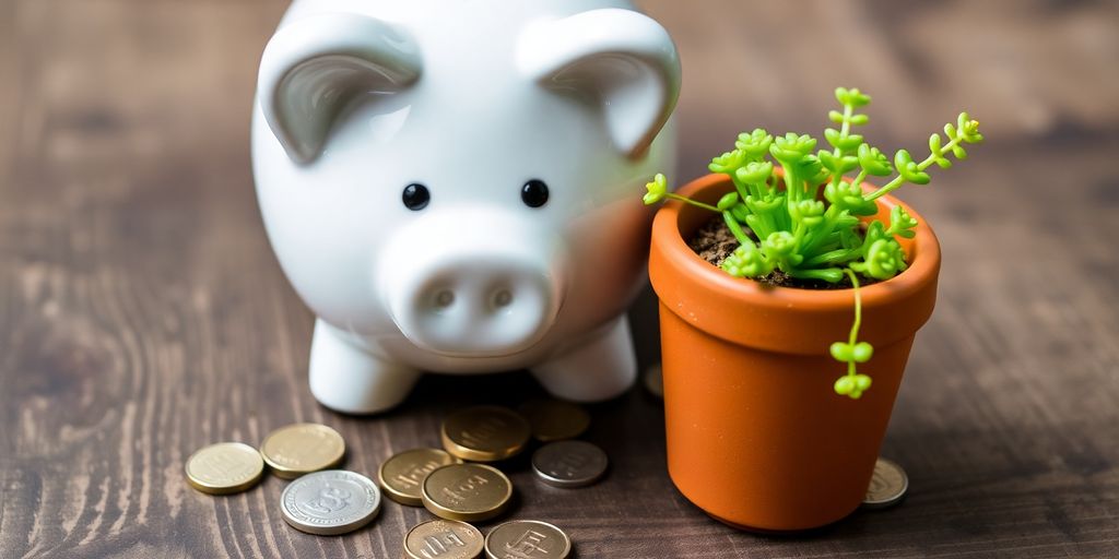 Piggy bank, coins, and small plant.