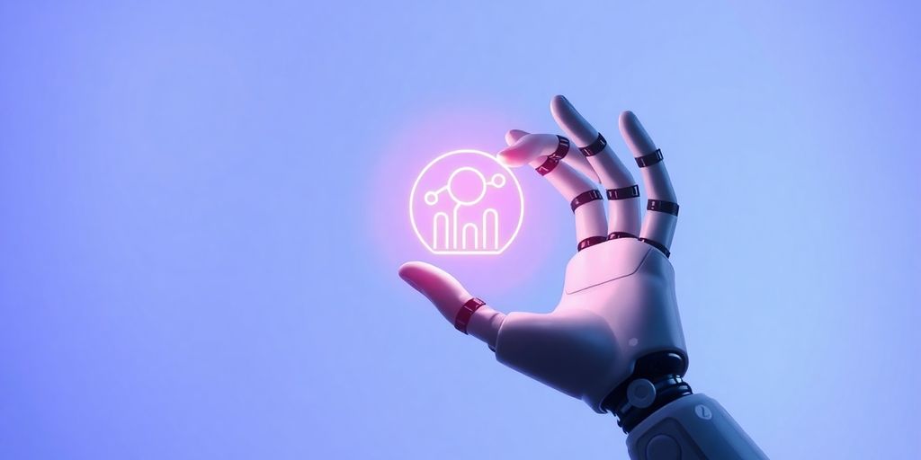 Robot hand interacts with marketing elements.