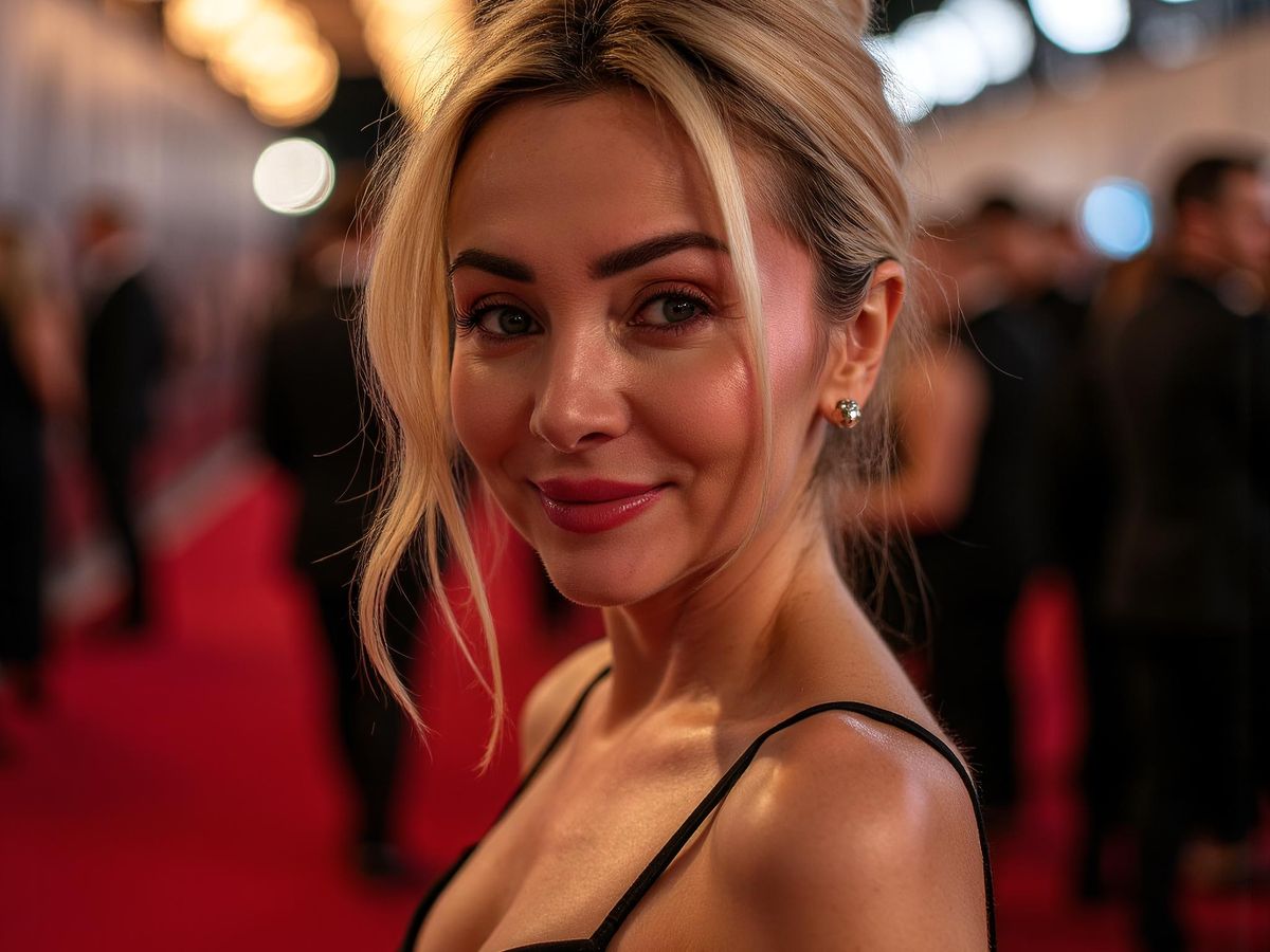 A smiling person on a red carpet at an event.