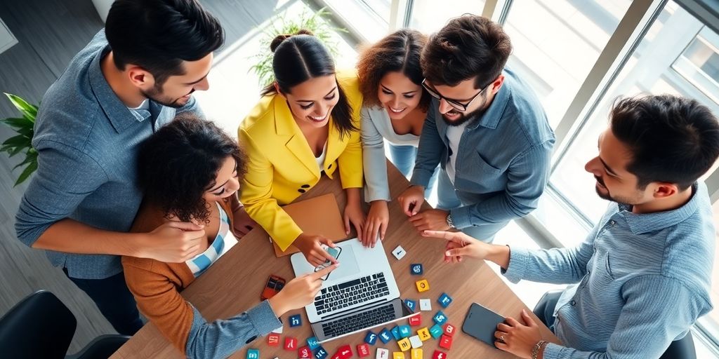 Diverse team around laptop and smartphone collaborating in bright workspace.