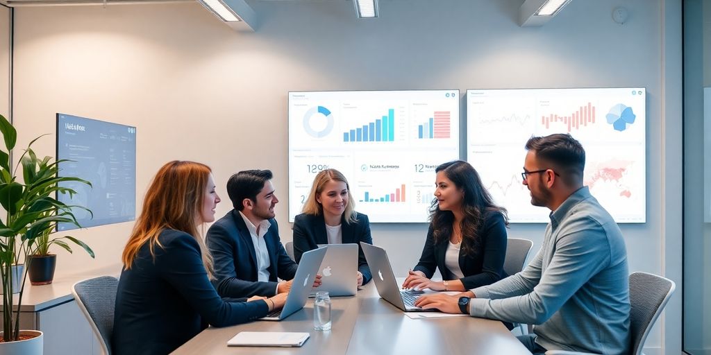 Profissionais de marketing digital em ambiente moderno.