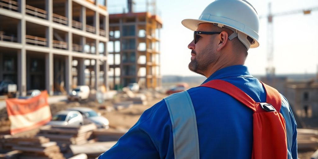 Großprojekt im Baugewerbe: Wie Zeitarbeit den Projektverlauf rettete Bauarbeiter in blauer Arbeitskleidung auf einer Baustelle.