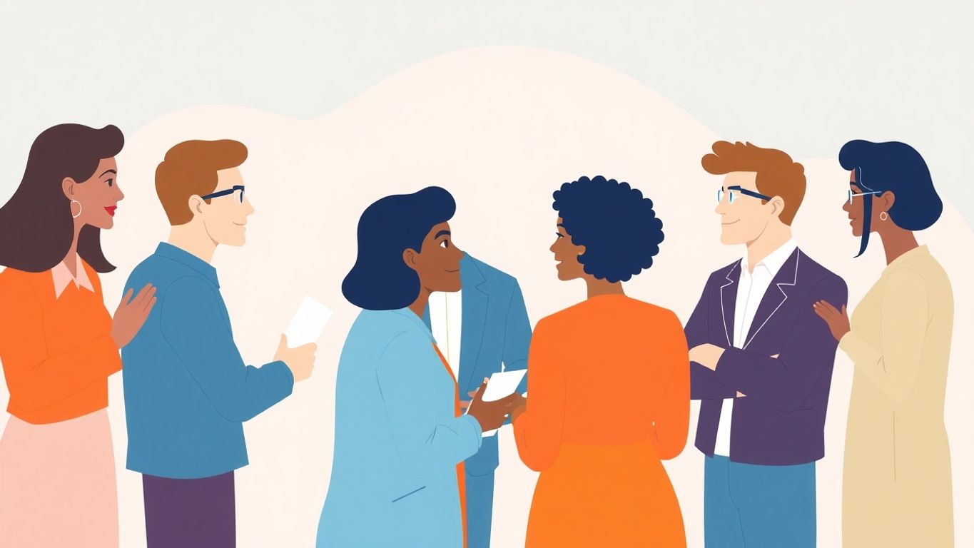 Illustrasjon av mennesker i samtale med myke farger.