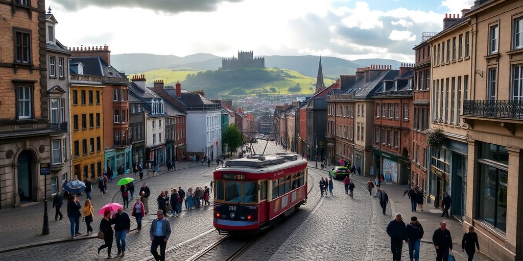 Historic Scottish city skyline with modern elements.