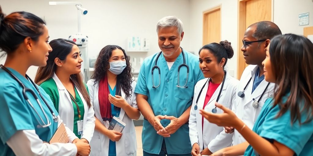 Diverse healthcare team communicating with a patient in clinic.