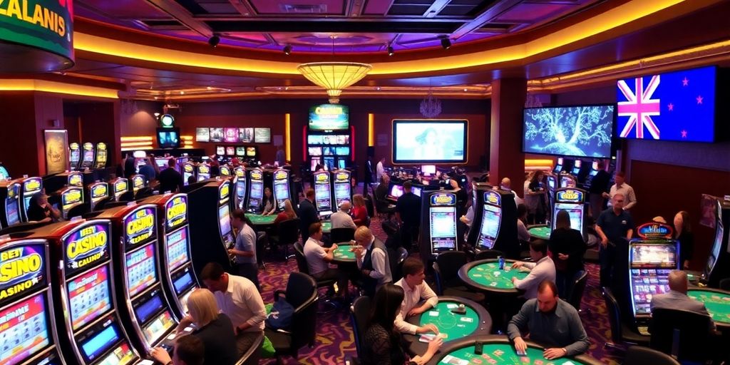 Interior of a lively international casino with players.