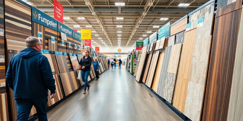 Brightly lit flooring store interior with colorful tile samples.