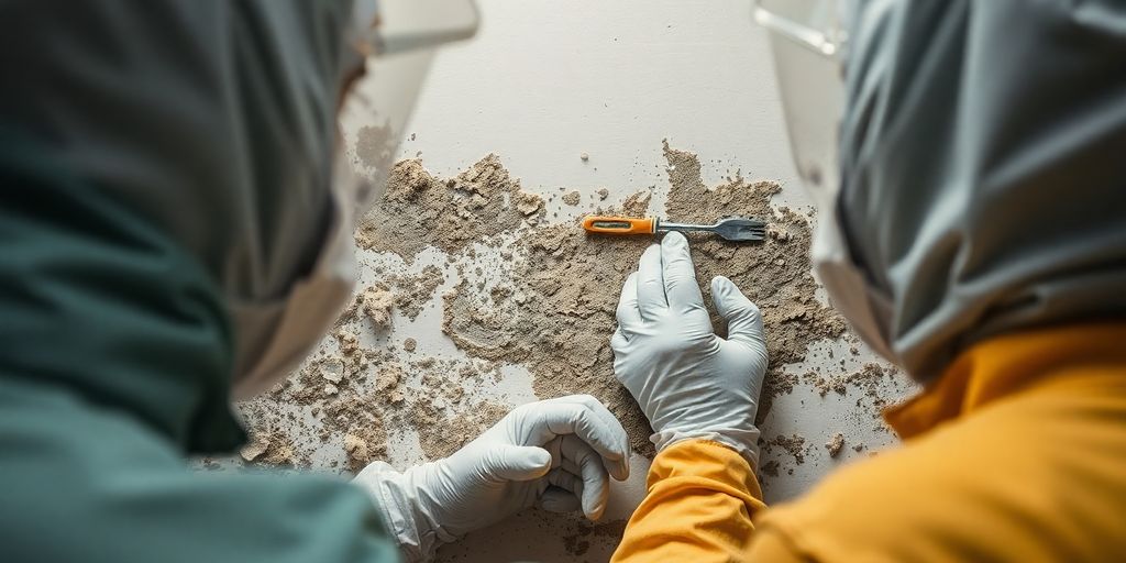 Professionals inspecting mold in protective gear.