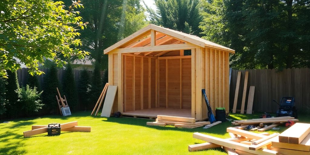 Wooden shed assembly in a sunny backyard.