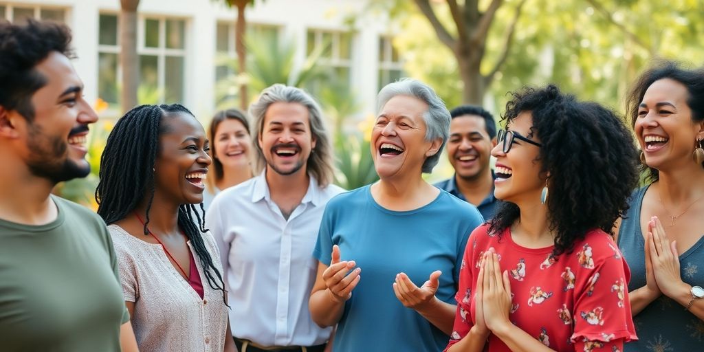 Groep mensen die samen lachen tijdens lachyoga.
