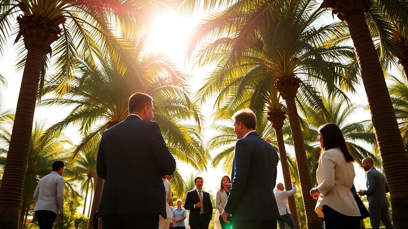Business professionals connecting under colorful palm trees.