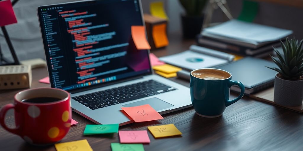 Moderne Arbeitsumgebung mit Laptop und Notizen.