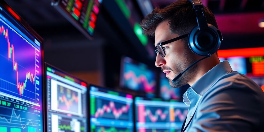 Trader analyzing Forex markets with multiple screens in view.