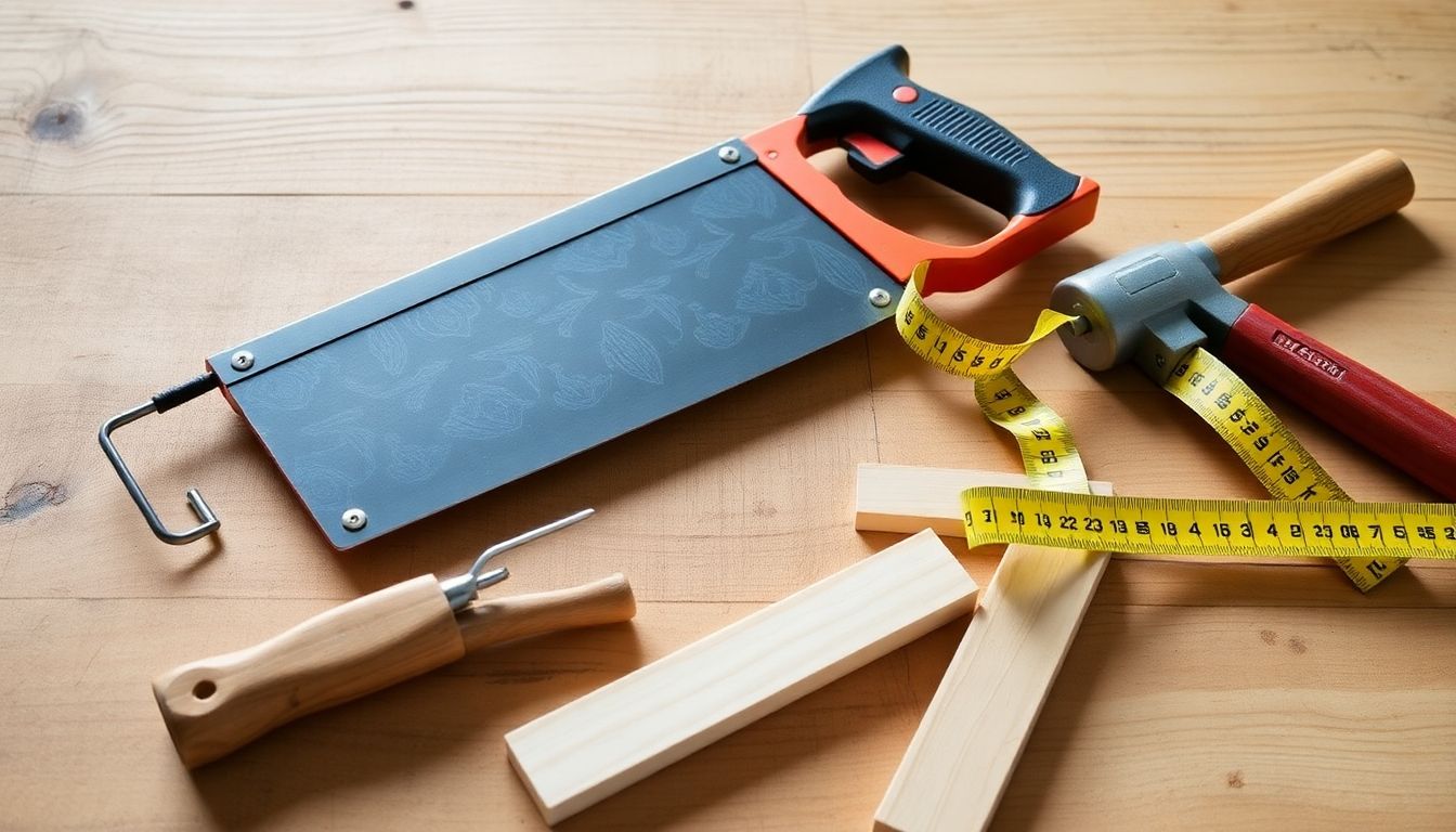 Carpentry tools on a wooden workbench for beginners.